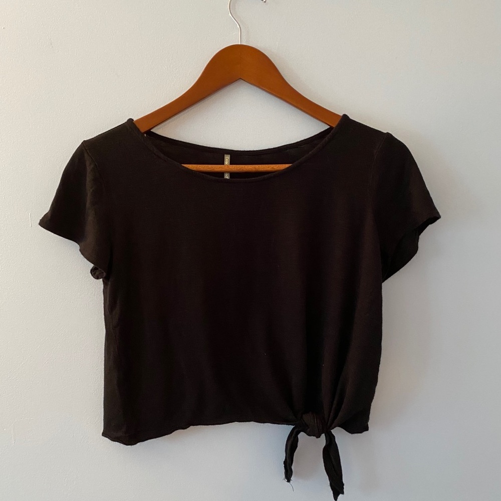 Color Thread Black Crop Top, Tie Front, Size S